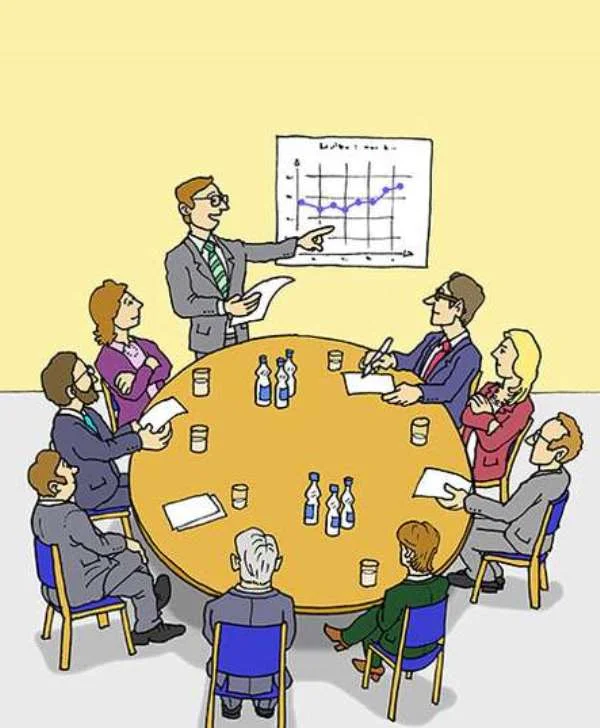 Ein Cartoon mit vielen Personen, die an einem Tisch sitzen.