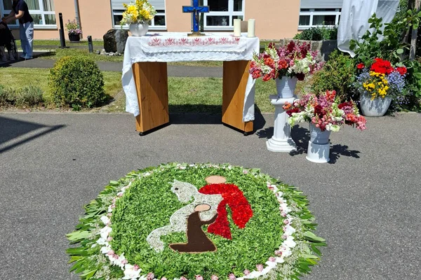 das bild zeigt einen blumenteppich bei fronleichnam st. martin friedrichshafen