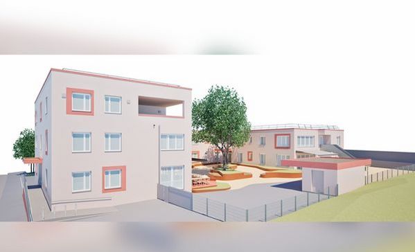 Das Bild zeigt eine grafische Konzeption eines neuen Wohnheims mit zwei Gebäuden und vielen Bäumen und einer großen Wiese