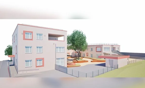Das Bild zeigt eine grafische Konzeption eines neuen Wohnheims mit zwei Gebäuden und vielen Bäumen und einer großen Wiese