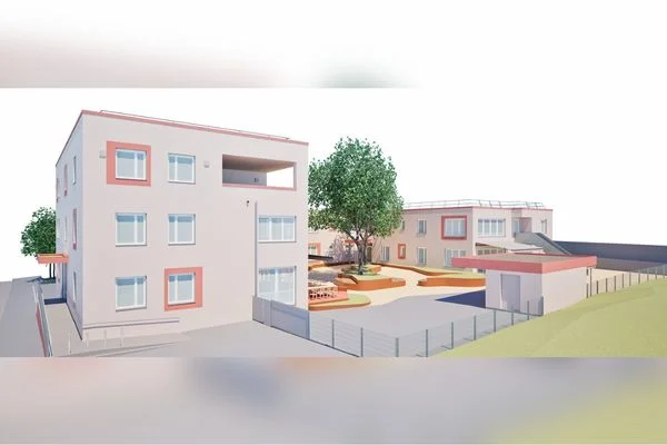 Das Bild zeigt eine grafische Konzeption eines neuen Wohnheims mit zwei Gebäuden und vielen Bäumen und einer großen Wiese