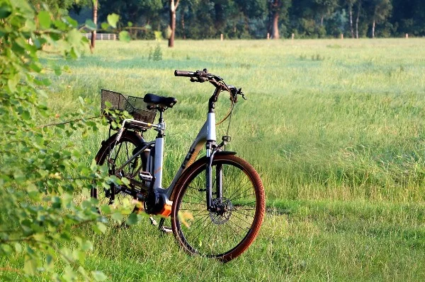 Das Bild zeigt ein Fahrrad das auf einer großen Wiese steht.