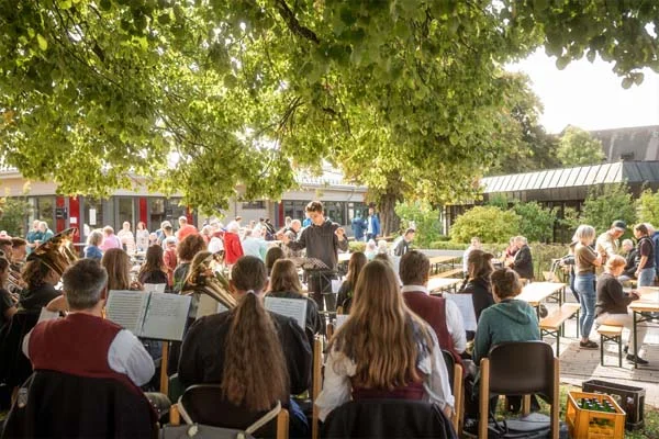 Eine Musikkapelle spielt unter einem Baum.