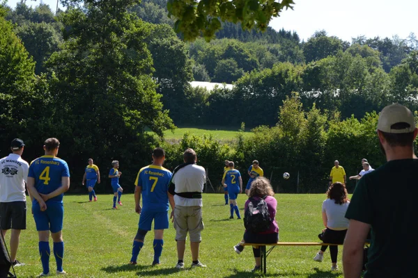 Pokal Mehrere Personen stehen vor einem Fußball-Feld und schauen einem Fußballspiel zu.