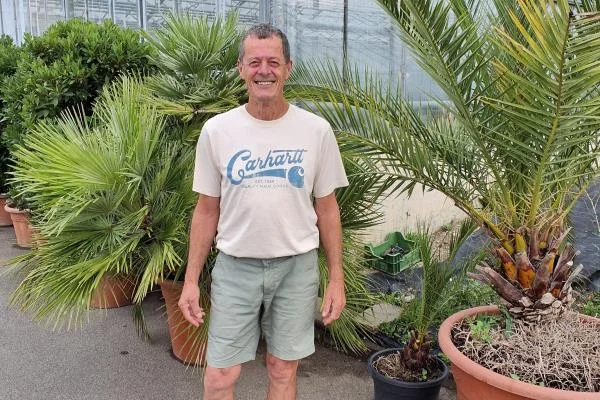 Das Bild zeigt einen Mann in einem Gewächshaus mit großen Topfpflanzen