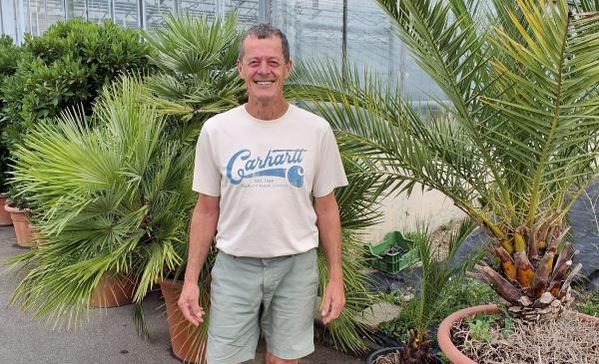 Das Bild zeigt einen Mann in einem Gewächshaus mit großen Topfpflanzen