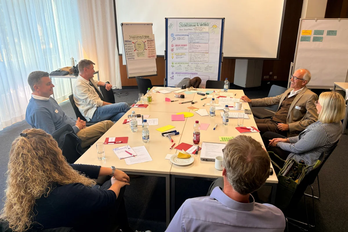 Zukunftstag Kleingruppe sitzt um einen Konferenztisch mit Papieren, Notizen, Wasserflaschen und Flipcharts und diskutiert in einem Besprechungsraum.