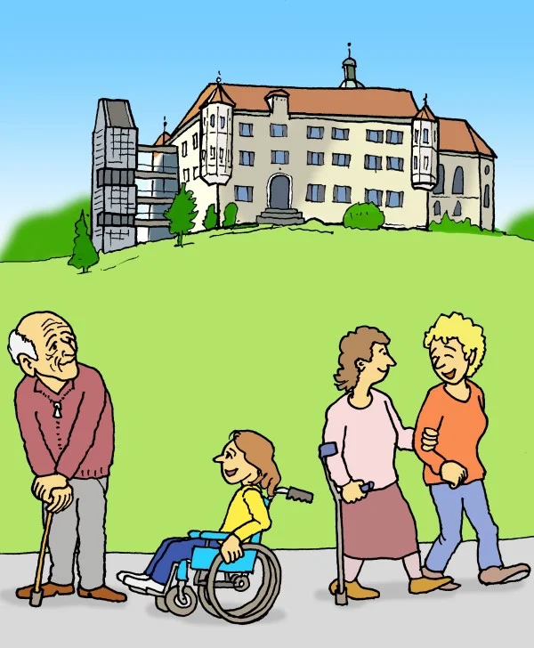 Ein Cartoon mit dem Liebenauer Schloss im Hintergrund und Personen im Vordergrund.