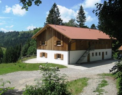 Das Bild zeigt ein Haus in einem Wald auf einem Hügel