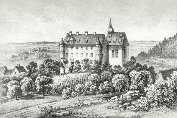 Das Bild zeigt eine schwarz-weiße Darstellung der Stiftung Liebenau früher