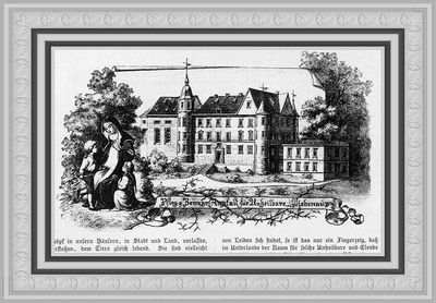 1876, Umbau und Erweiterung des Schlosses. Schon bald nach Bezug des Schlosses wird deutlich, dass die Räumlichkeiten nicht ideal sind. Vor allem herrscht Platzmangel. Um der großen Nachfrage entgegenzukommen, wird 1876 mit Umbaumaßnahmen begonnen: Der nördliche Teil des Schlosses wird erweitert, breite Flure und neue Räume entstehen. Der Platz reicht nun für etwa 60 Pfleglinge. Die Nordfassade erhält ihre bis heute bestehende Erscheinung.  Das Bild zeigt das Schloss Liebenau nach dem Umbau 1876.