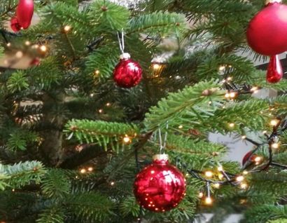 Das Bild zeigt den Ausschnitt eines Weihnachtsbaumes mit Christbaumkugeln