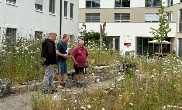 das bild zeigt drei männer, die vor einer blumigen wiese beim haus st. raphael in oberteuringen stehen.