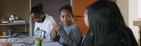 Mehrere Personen sitzen an einem Tisch, eine Frau spricht gerade.