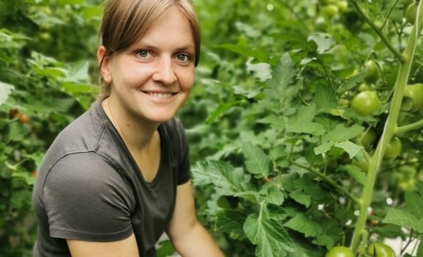 Das Bild zeigt eine junge Frau neben einer Tomatenstaude