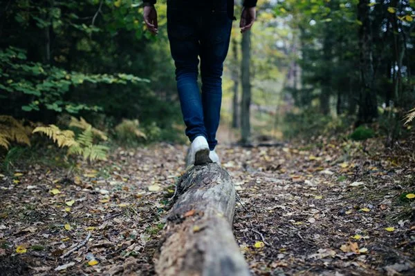 Auf dem Bild ist eine Person zu sehen, die über einen Holzstamm balanciert.