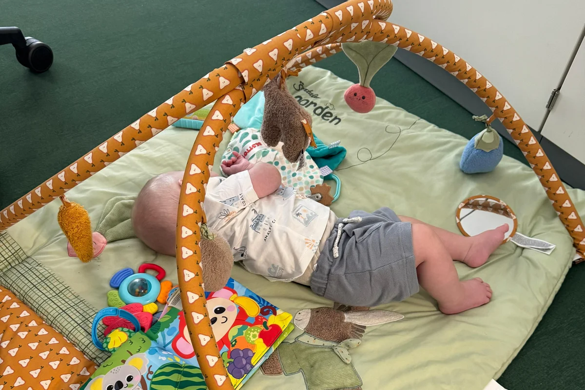 Familienfreundliche Arbeitsgestaltung Das Baby Linus liegt auf einer Decke und spielt mit seinen Kuscheltieren.