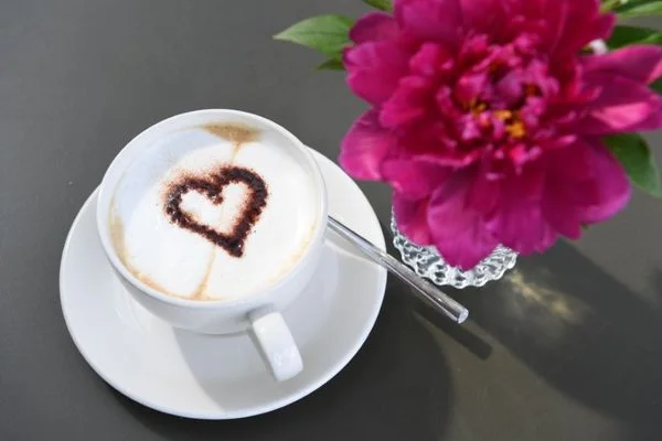 Auf dem Bild ist eine Kaffeetasse und eine pinke Blume zu sehen. Auf dem Schaum in der Tasse ist mit Kakaopulver ein Herz gezeichnet