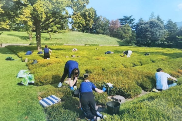 Die Auszubildenden des Berufsbildungswerks im Einsatz gegen Unkraut und Moos auf dem Soldatenfriedhof am Gardasee.