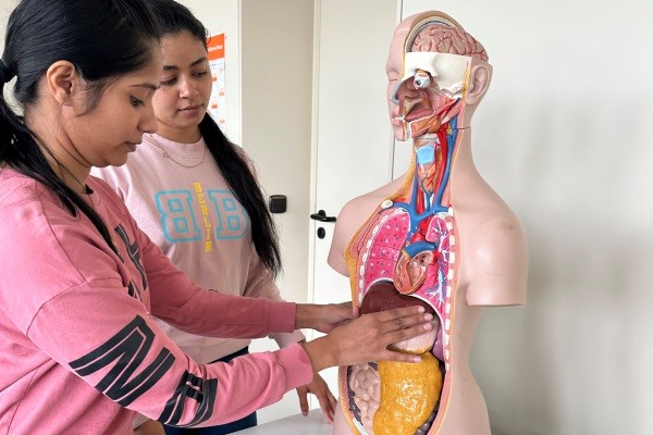 Anhand eines Organ-Modells frischen Lehrgangsteilnehmerinnen, darunter Nimmy Mathew (hinten), ihr Wissen über die Anatomie des menschlichen Körpers auf.