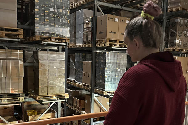 Wagner Group Eine Frau schaut in eine Lagerhalle mit vielen Kartons.