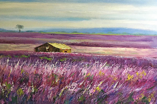 Gemälde Ein Gemälde mit einem Lavendelfeld und einem Haus.